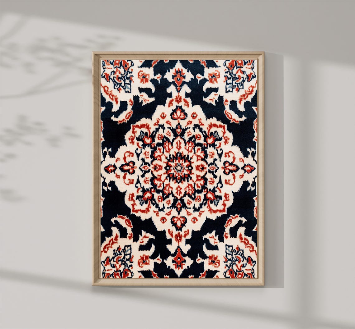 Navy Blue Ikat Medallion Tapestry Red Cream Boho Pattern Art Print