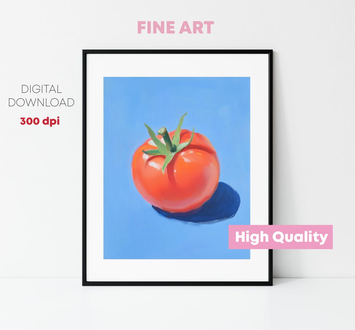 Ripe Red Tomato Still Life Painting Blue Background Kitchen Poster - Image 2