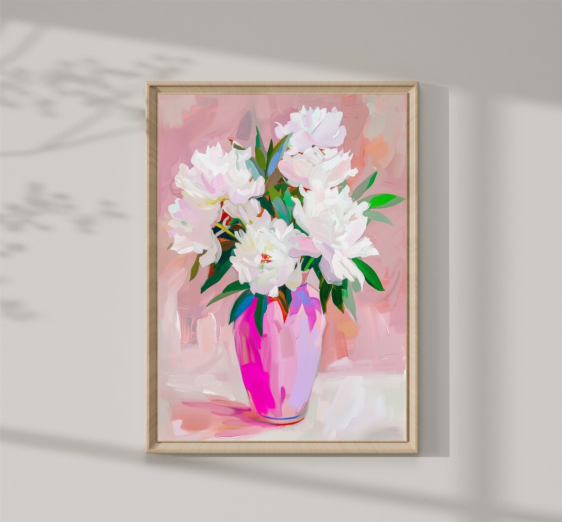 White Peony Bouquet Pink Vase Abstract Floral Still Life Art Print
