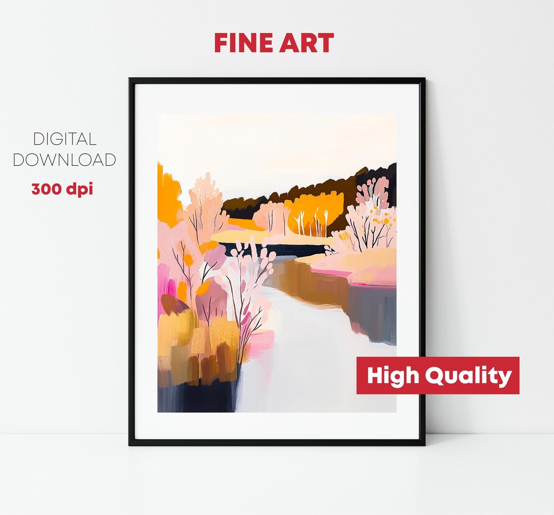 Pastel Autumn Riverside Birch Forest Golden Pink Foliage Art Poster - Image 2