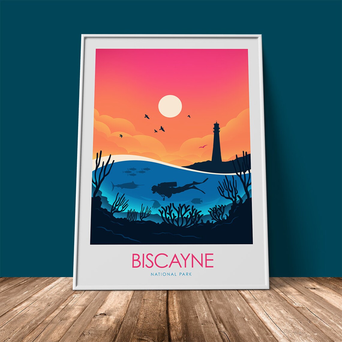 Biscayne National Park Florida Diver Reef Sunset Vintage Travel Poster - Image 2