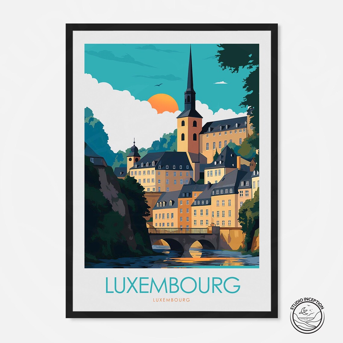 Historic Luxembourg City Old Town River Bridge Sunset Travel Poster