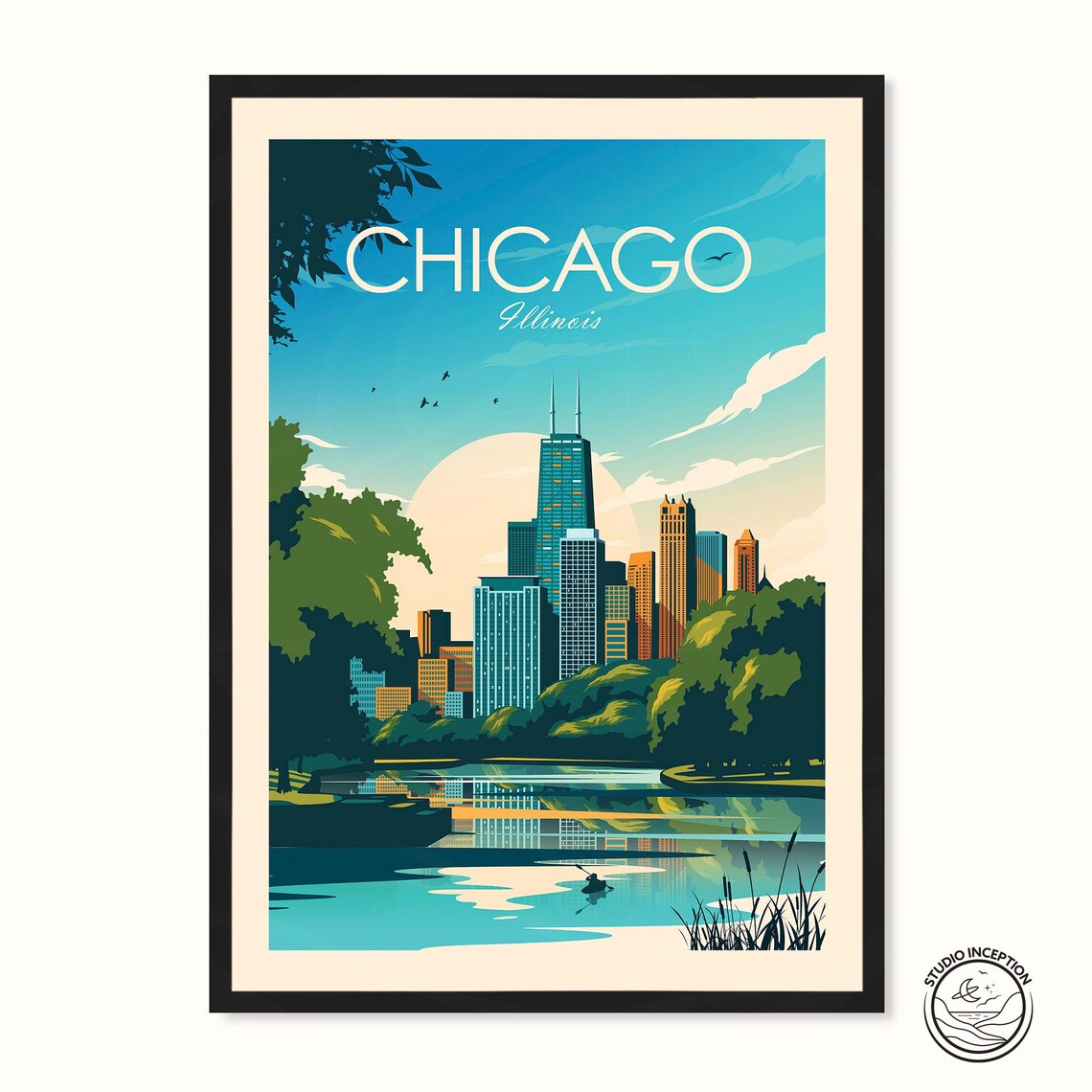 Chicago Skyline Travel Poster, Illinois Wall Art