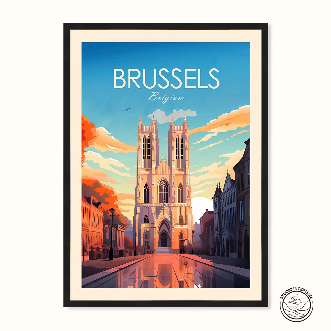Brussels Cathedral Sunset Gothic Architecture Belgium Travel Poster