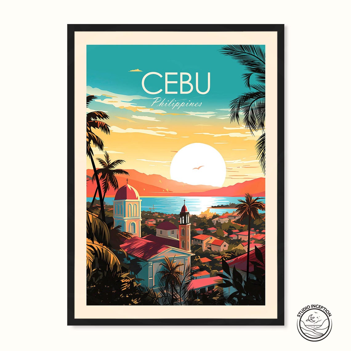 Cebu Philippines Sunset Harbor Church Towers Tropical Travel Poster