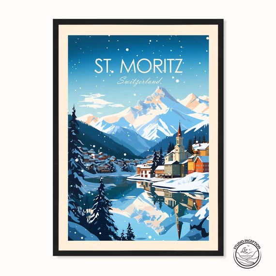 St Moritz Print Switzerland Travel Poster Ski Resort Prints Engadin Valley Gift For Skier Add Your Own Text Or Dates To Make It Unique
