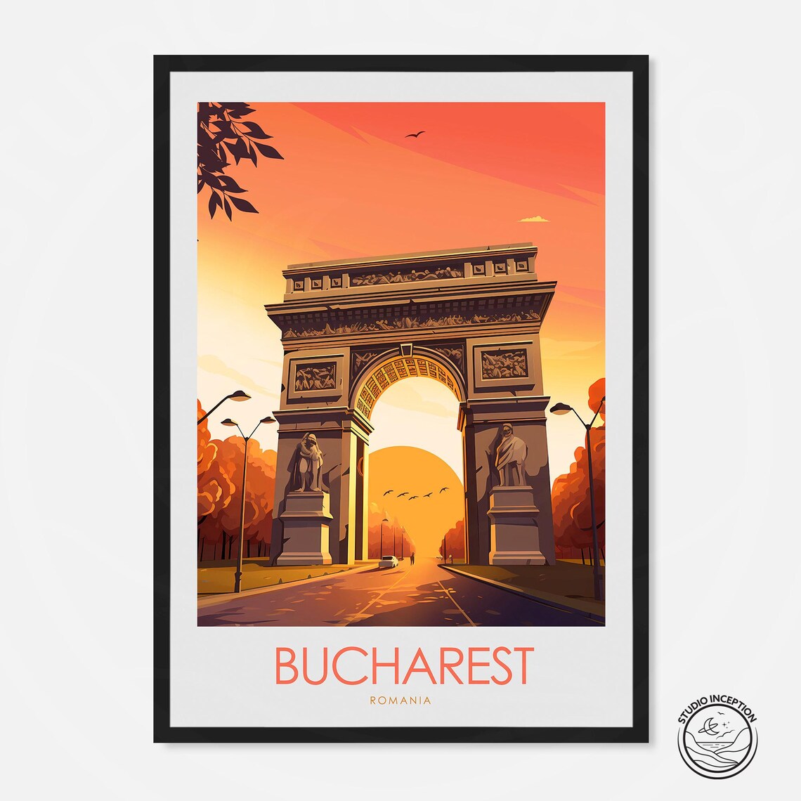 Bucharest Romania Historic Triumphal Arch Evening Sky Travel Poster