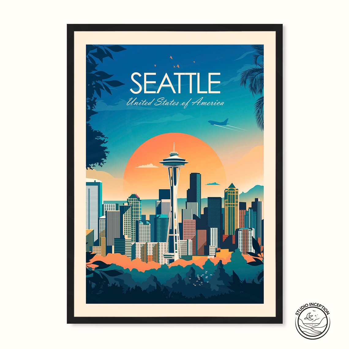 Seattle Washington Travel Poster, Skyline Art Print