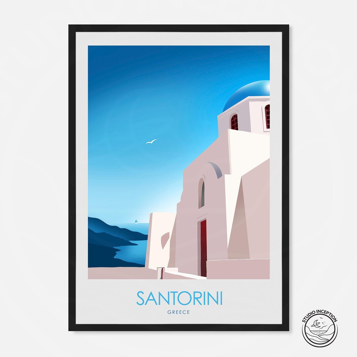 Santorini Travel Poster, Greece Romantic Artwork