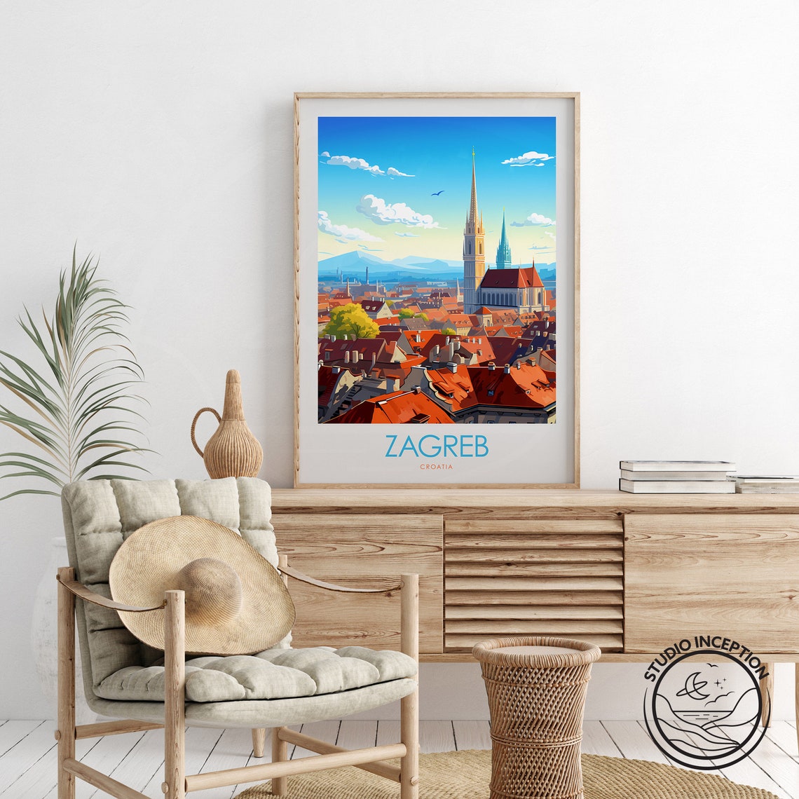 Zagreb Croatia Cathedral Spires Red Rooftops Minimal Travel Poster - Image 2