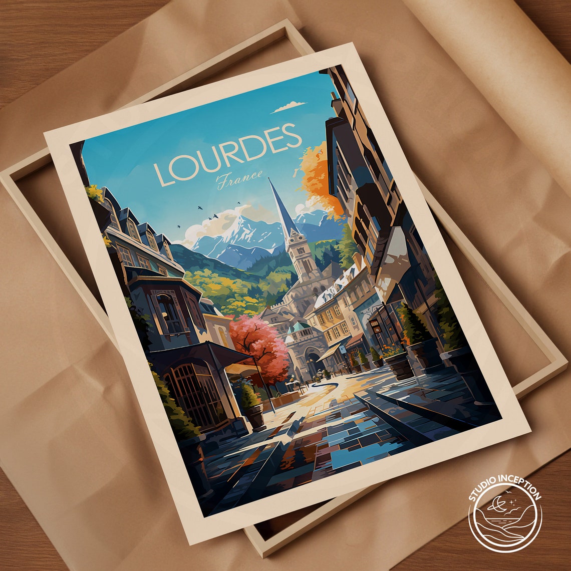 Lourdes France Pyrenees Mountains Cobblestone Street Travel Poster - Image 2