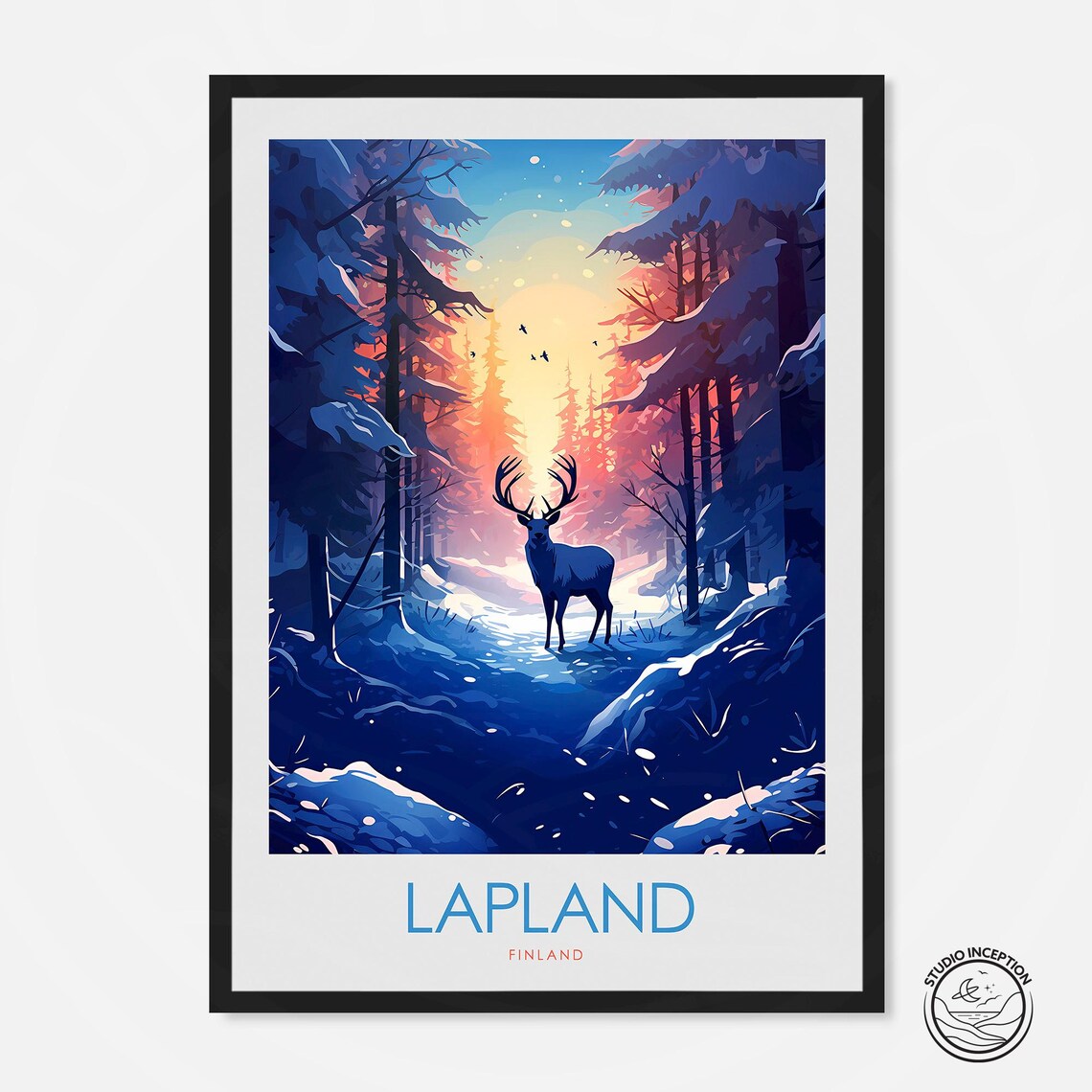 Lapland Finland Winter Forest Stag in Sunset Snow Scene Travel Poster