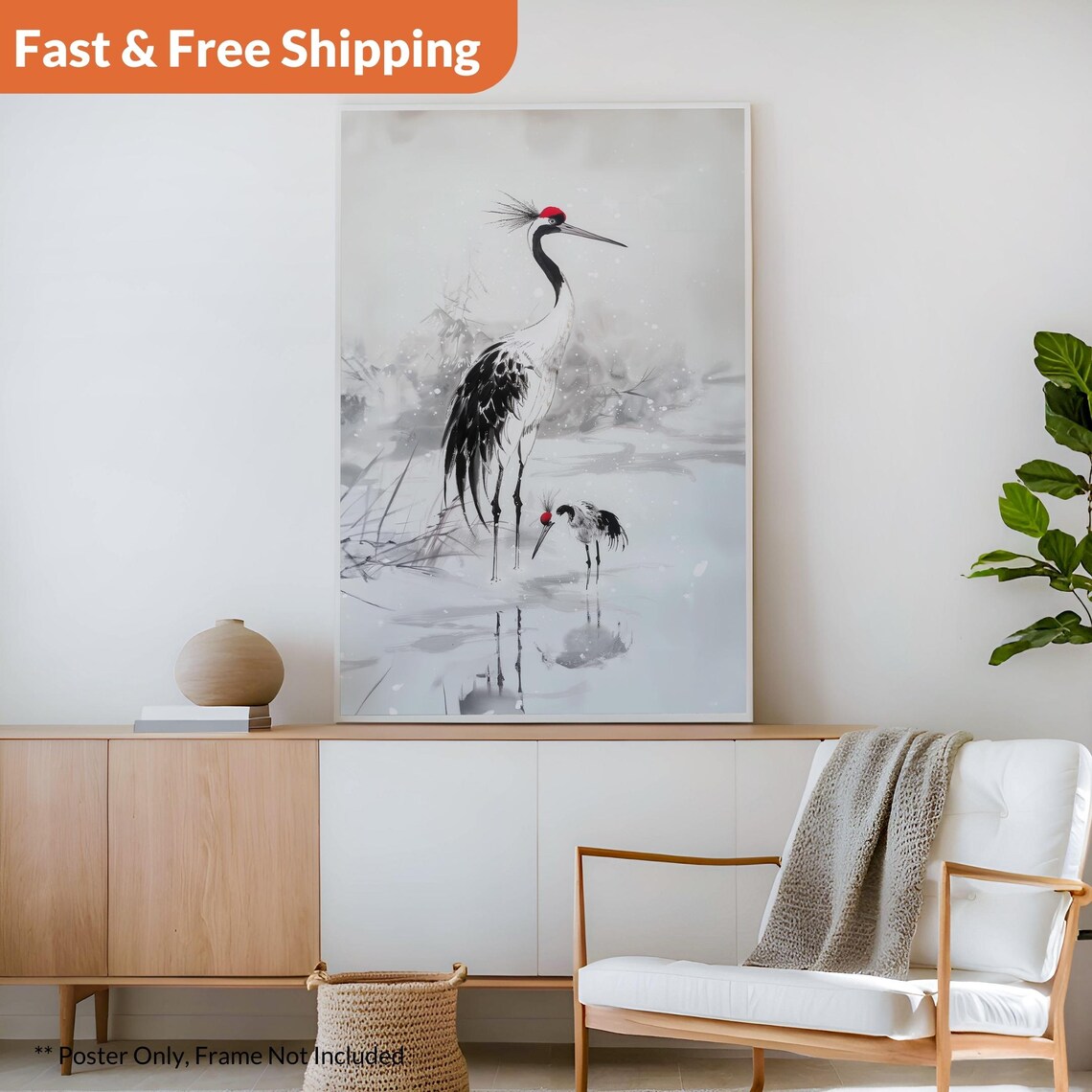 Japanese Kano Motonobu Style Cranes, Traditional Asian Art Print - Image 2