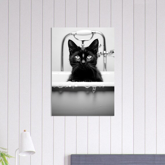Black Cat Peeking Over Roll Top Bath Poster