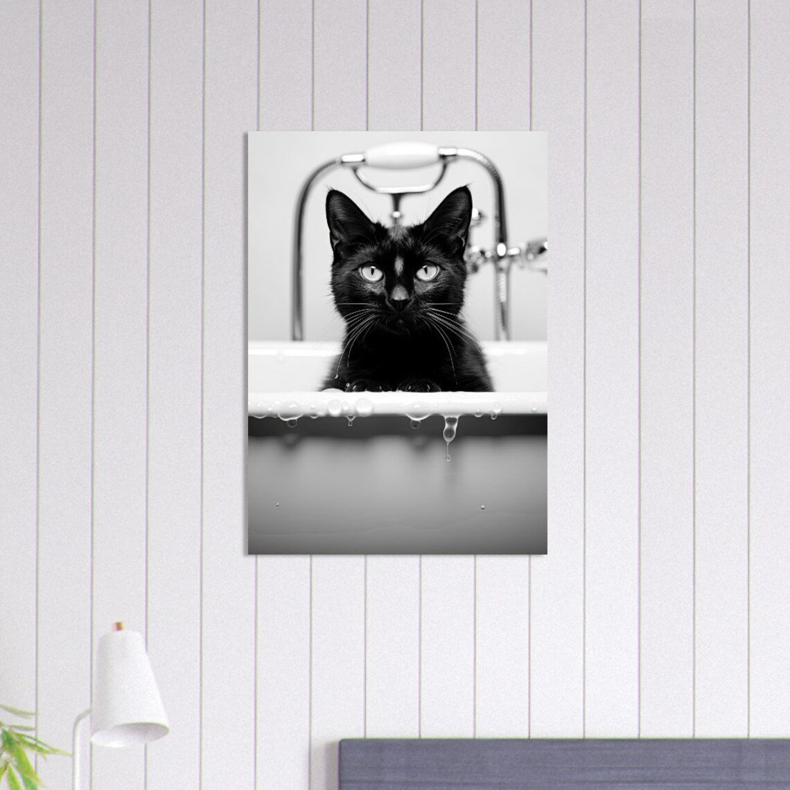 Black Cat Peeking Over Roll Top Bath Poster