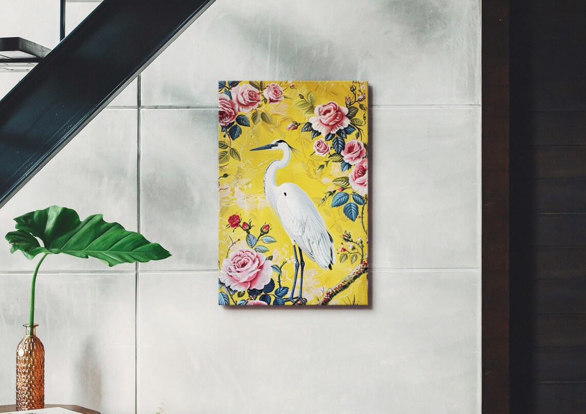 Japanese White Crane Art Print, Yellow Flowers - Image 2