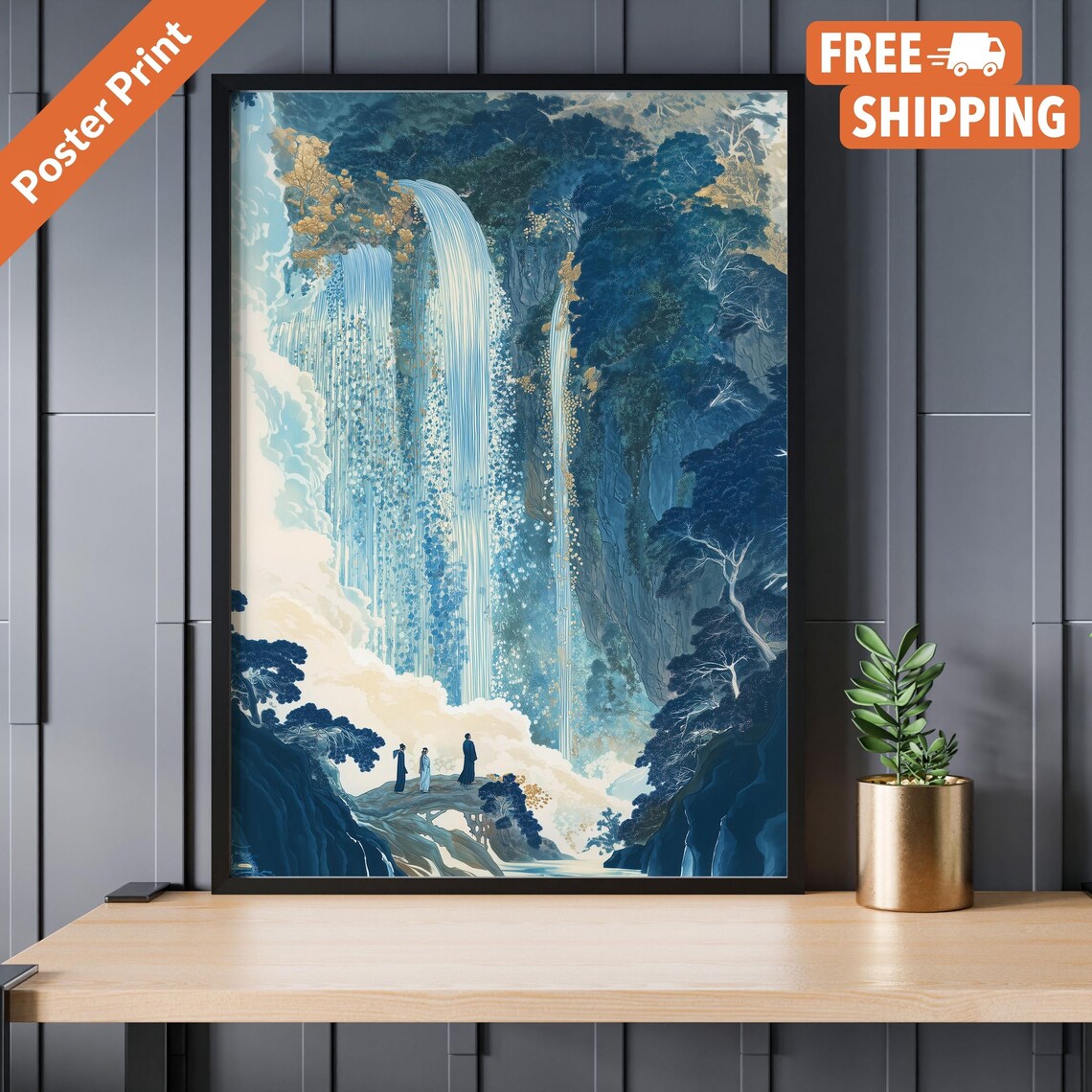 Hokusai Japanese Blue Waterfall, Landscape Poster