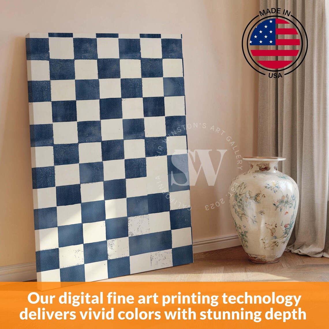 Blue White Checkered Abstract Geometric Art Print