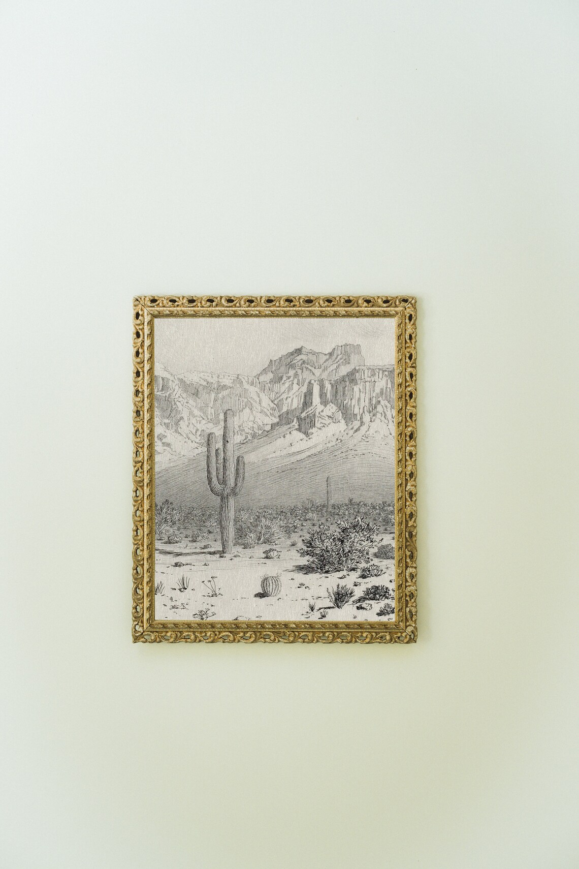 Cactus Mountains Vintage Drawing, Southwestern Art Print