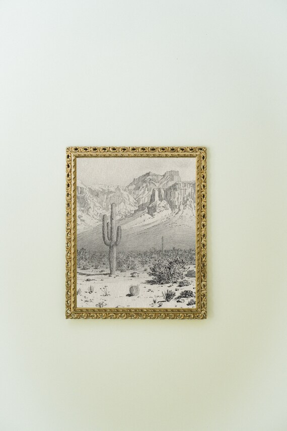 Cactus Mountains Vintage Drawing, Southwestern Art Print