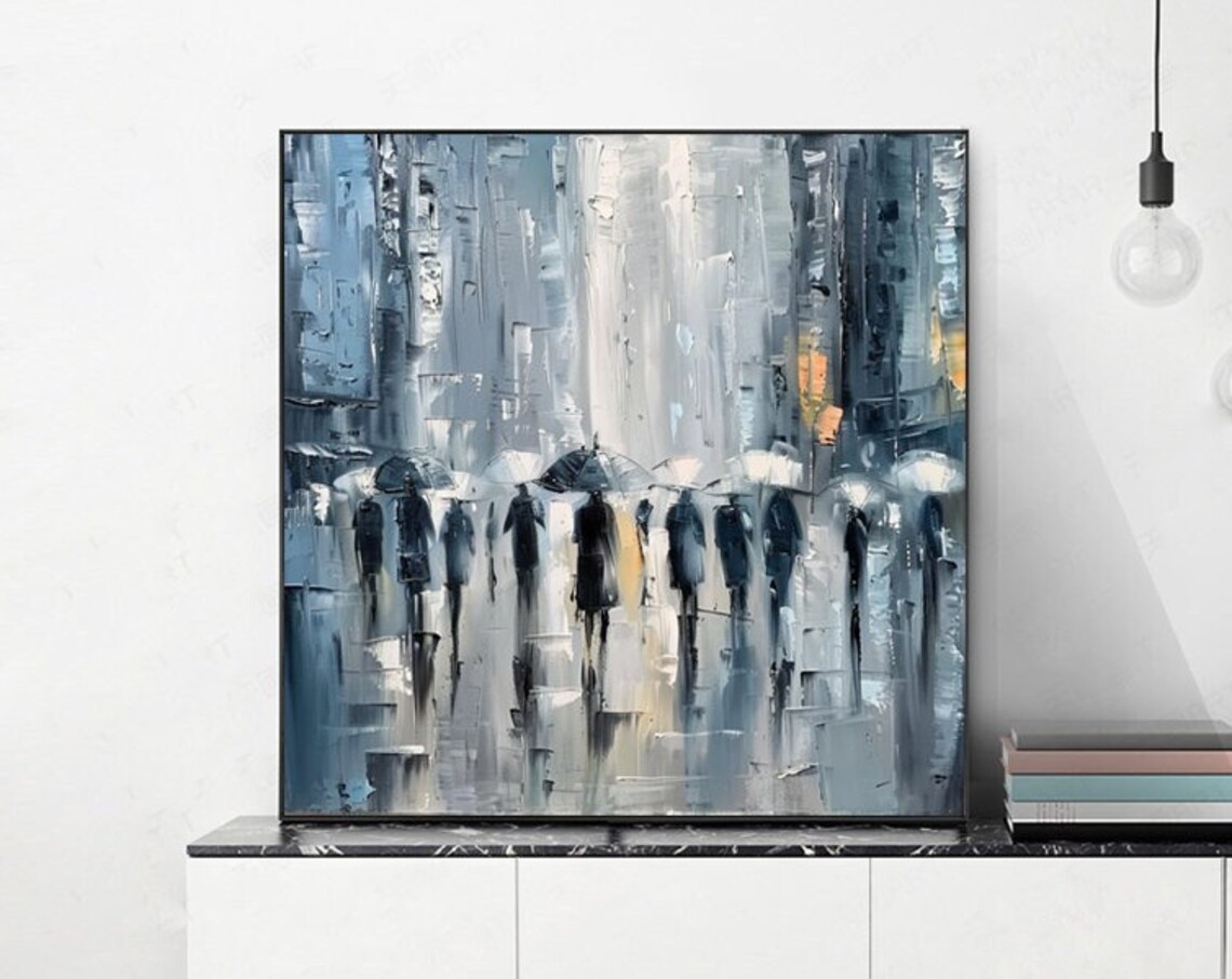 Moody Rainy City Street Crowd With Umbrellas Abstract Oil Poster