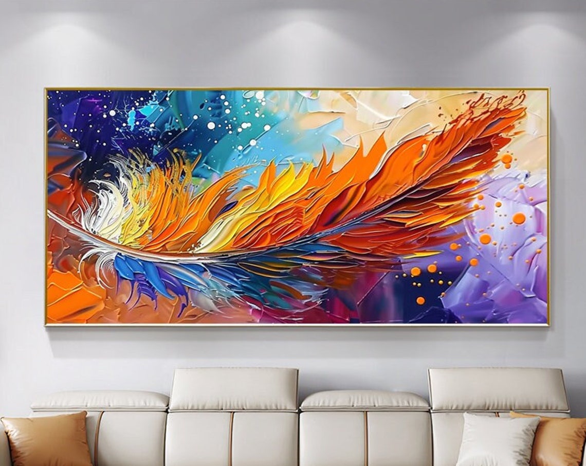 Blazing Orange Feather Sweeping Over a Violet Dreamscape Wall Art