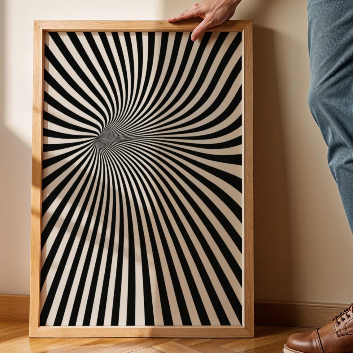Black and Beige Spiral Vortex Optical Illusion Hypnotic Wall Art