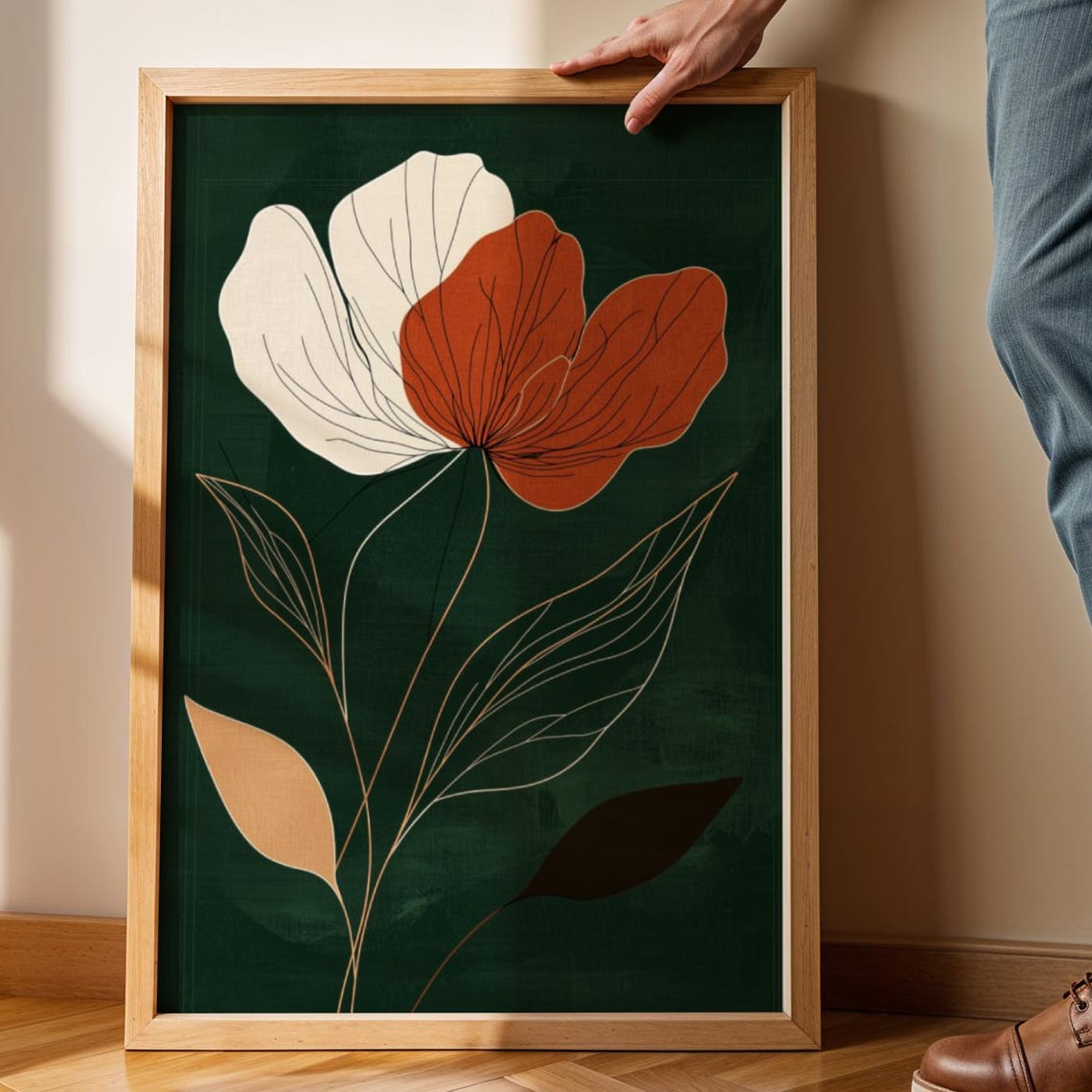 White Terracotta Flower Dark Emerald Modern Botanical Wall Art