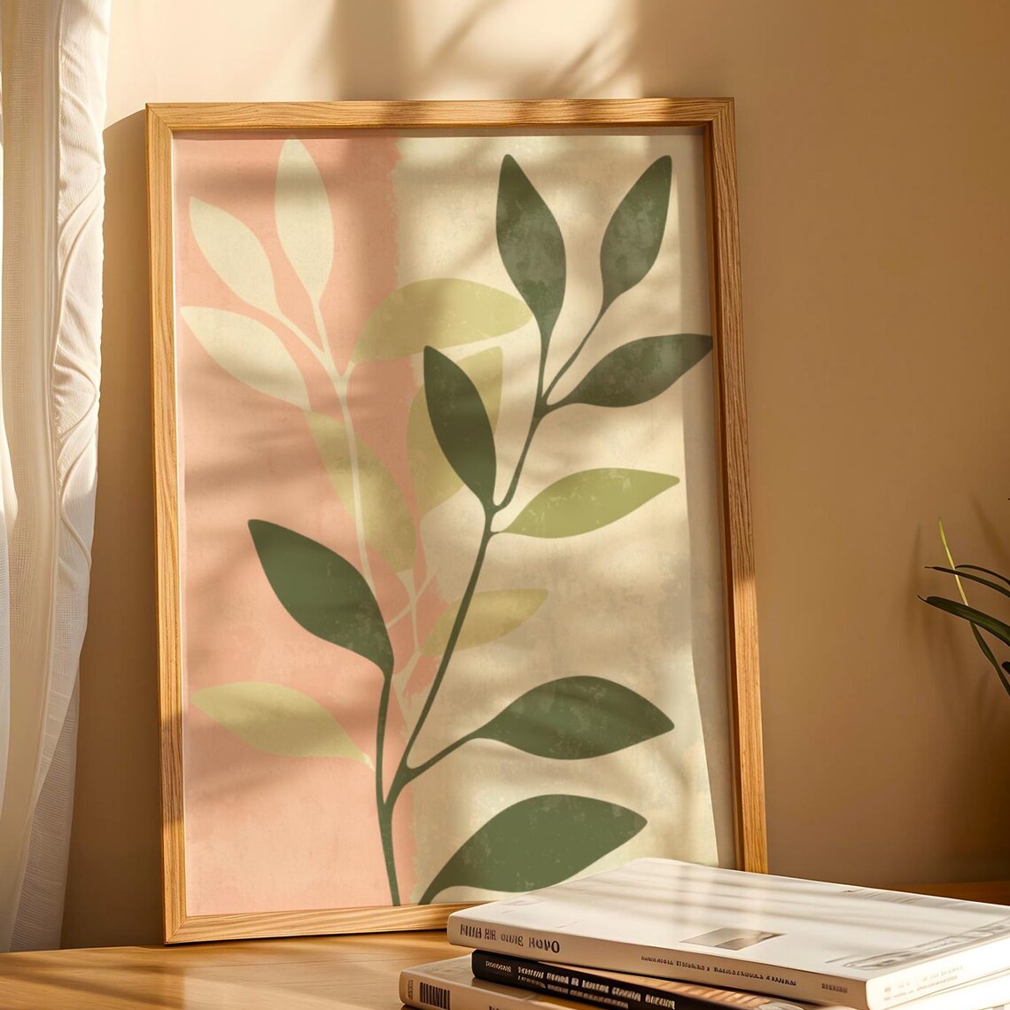 Sage Green Botanical Leaf Stems Blush Minimalist Japandi Boho Wall Art
