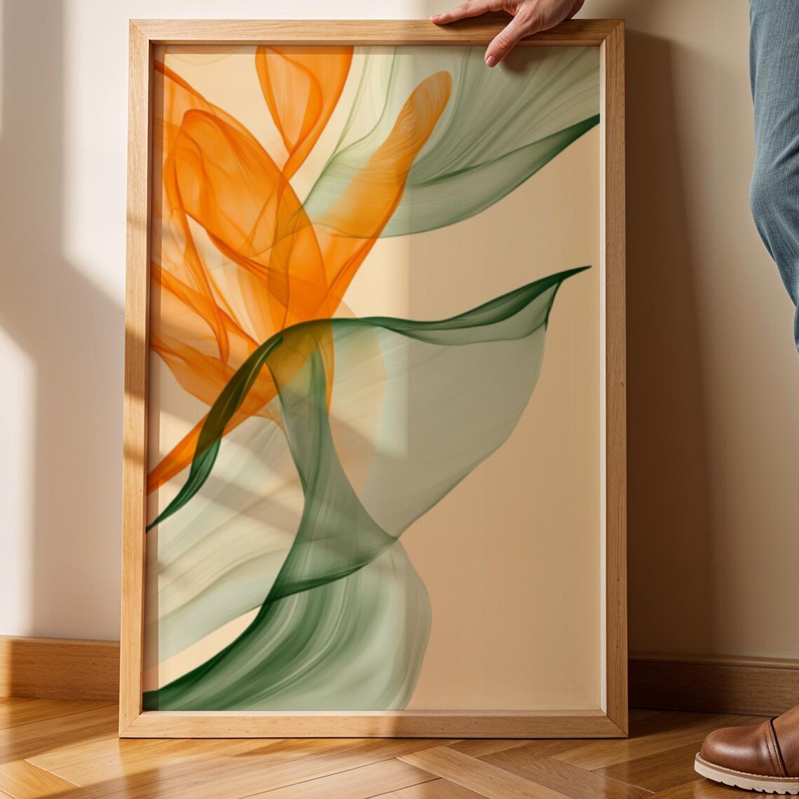 Sheer Orange Sage Green Silk Ribbons Abstract Flowing Poster