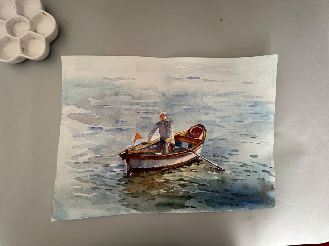 Fisherman Rowing Wooden Boat on Calm Sea Watercolor Art Poster - Image 6