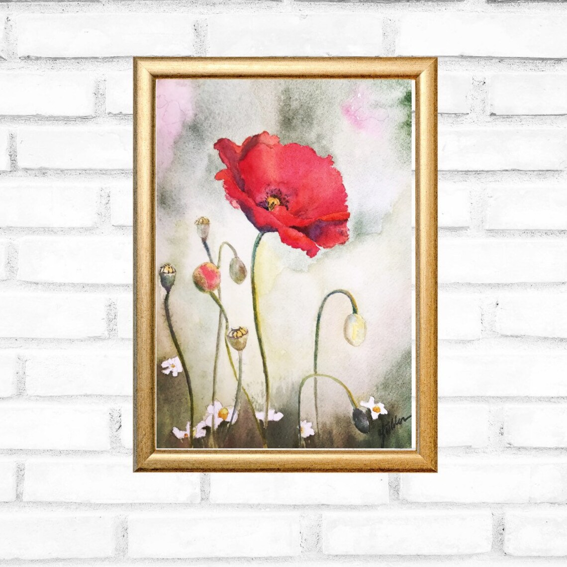 Bold Red Poppy Bloom With Buds and Daisies Watercolor Floral Poster - Image 3