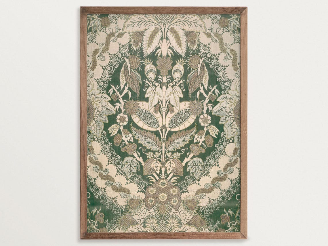 Muted Green Tapestry, Vintage Textile Art Print