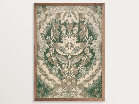 Muted Green Tapestry, Vintage Textile Art Print