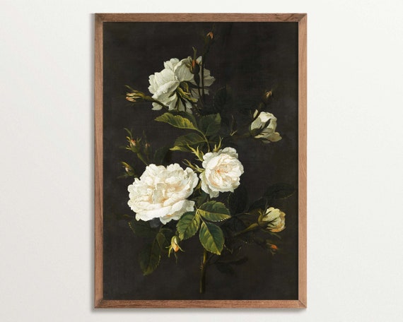 Vintage White Rose Botanical Art Print, Dark Academia