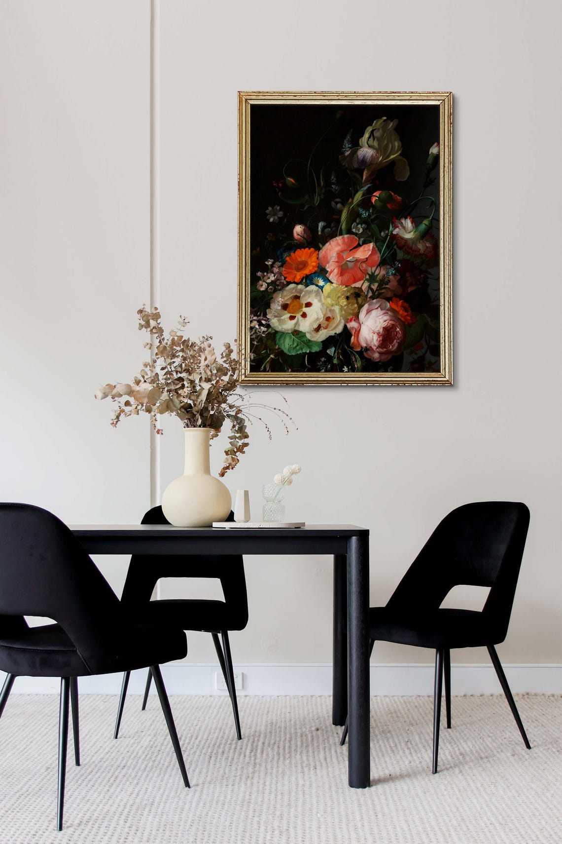 Black Botanical Still Life Art Print, Baroque Floral - Image 2