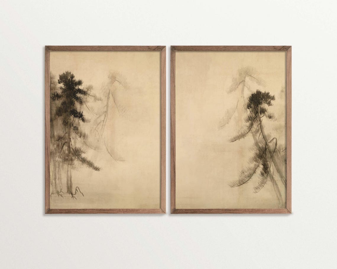 Wabi Sabi Wall Art Set Minimalist Pine Tree Sketch Prints Nature Decor For Living Room Japandi Home Art - Image 3