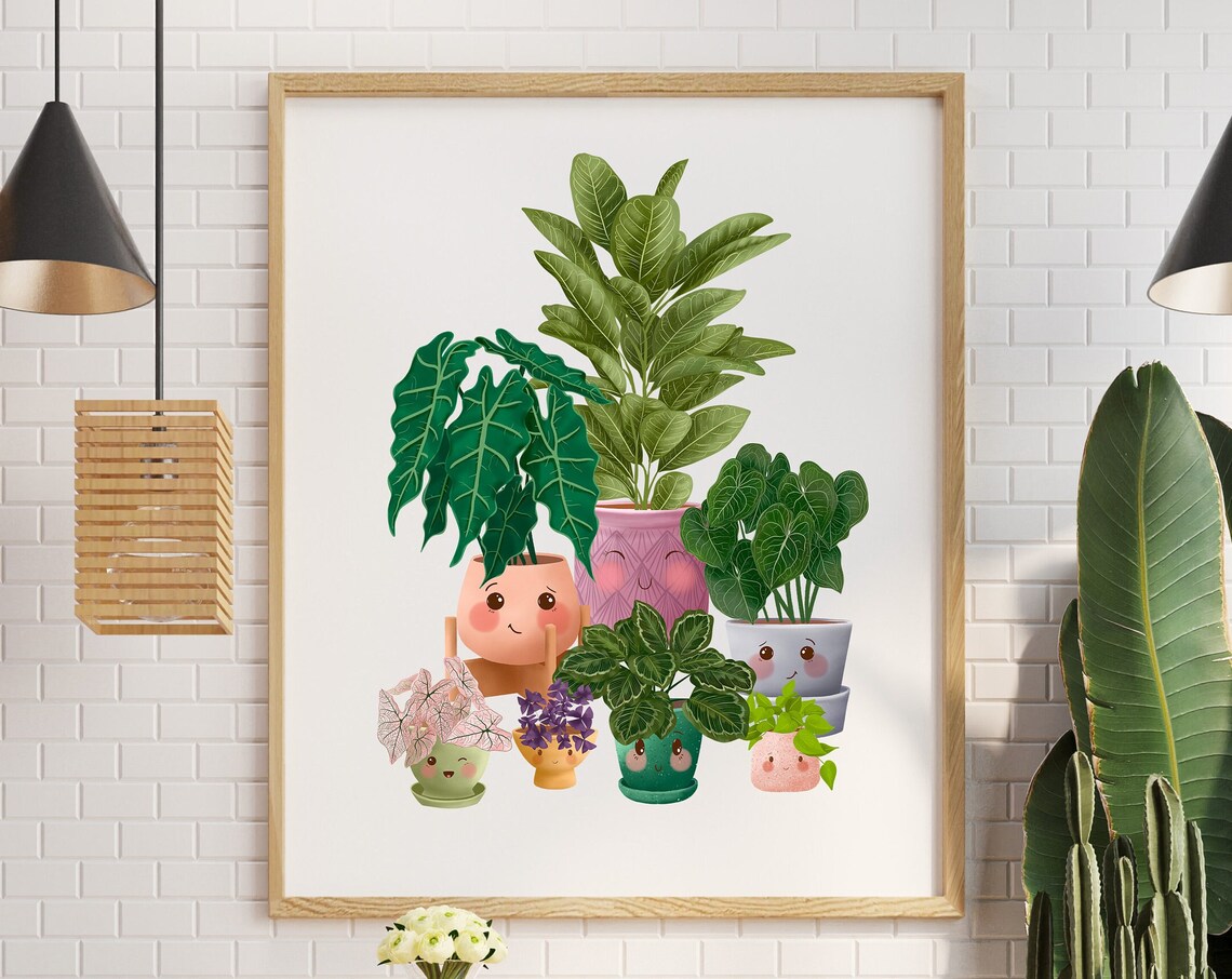 Seven Cute Smiling Houseplants In Happy Friends Group Art Print