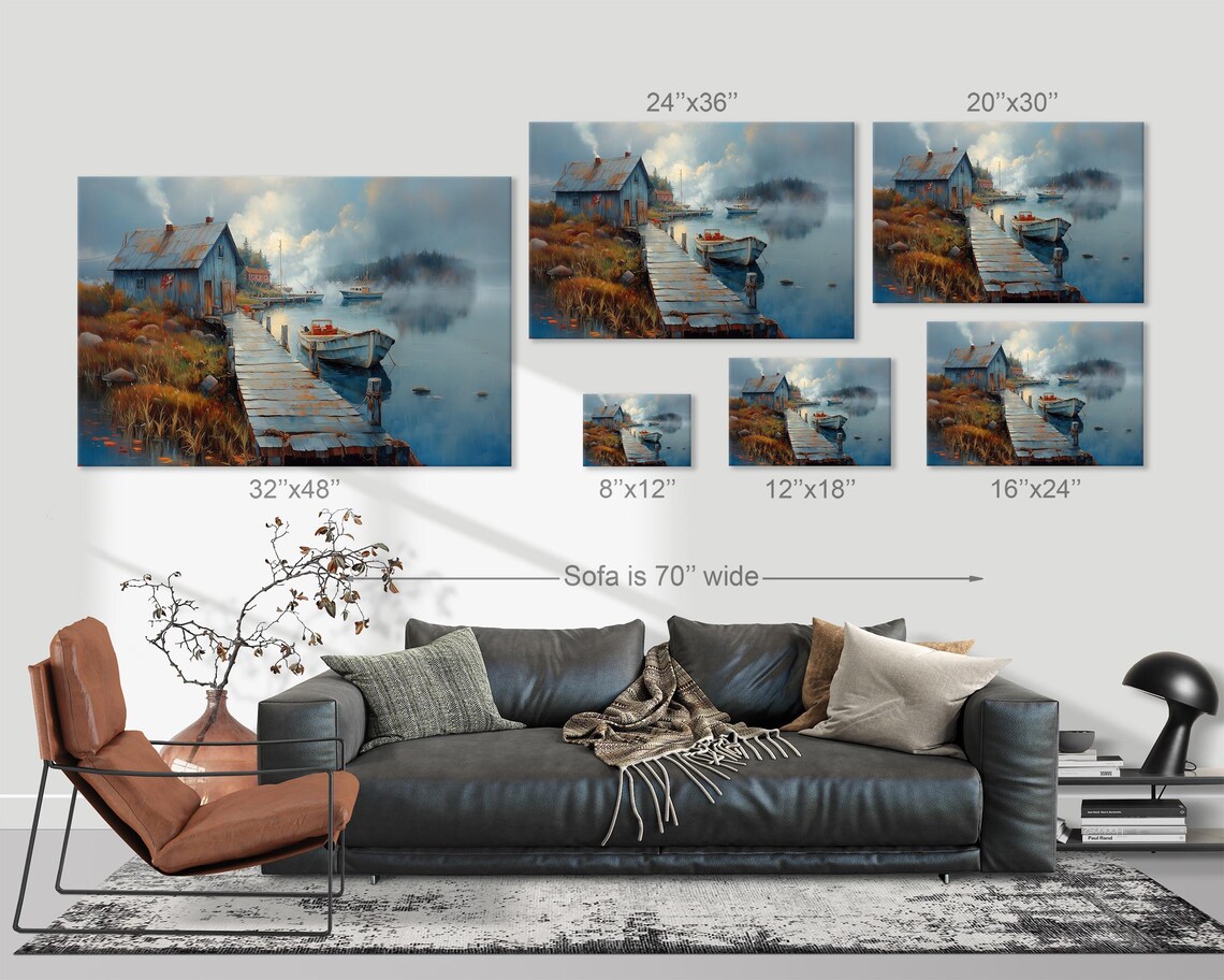 Rustic Fishing Cabin Wooden Dock Boats Misty Morning Lake Print - Image 3