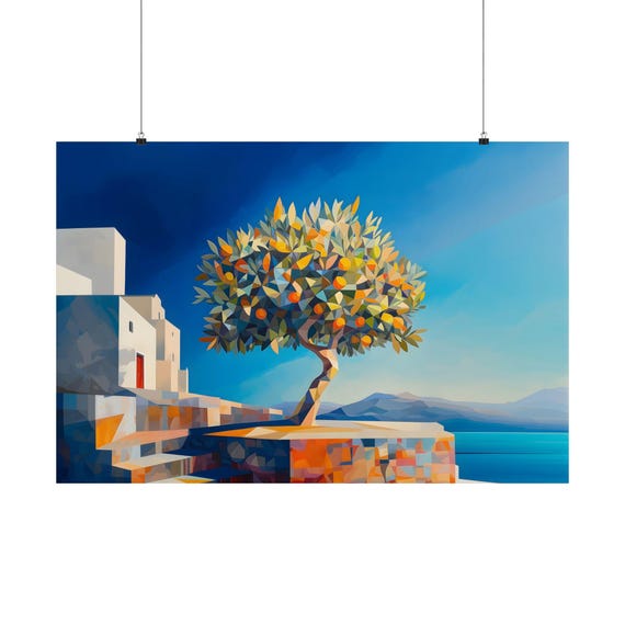 Olive Tree Abstract Blue Sky Poster Print Evening Landscape Modern Painting Fantasy Nature Rustic Wall Print Airbnb Art Wall Decor