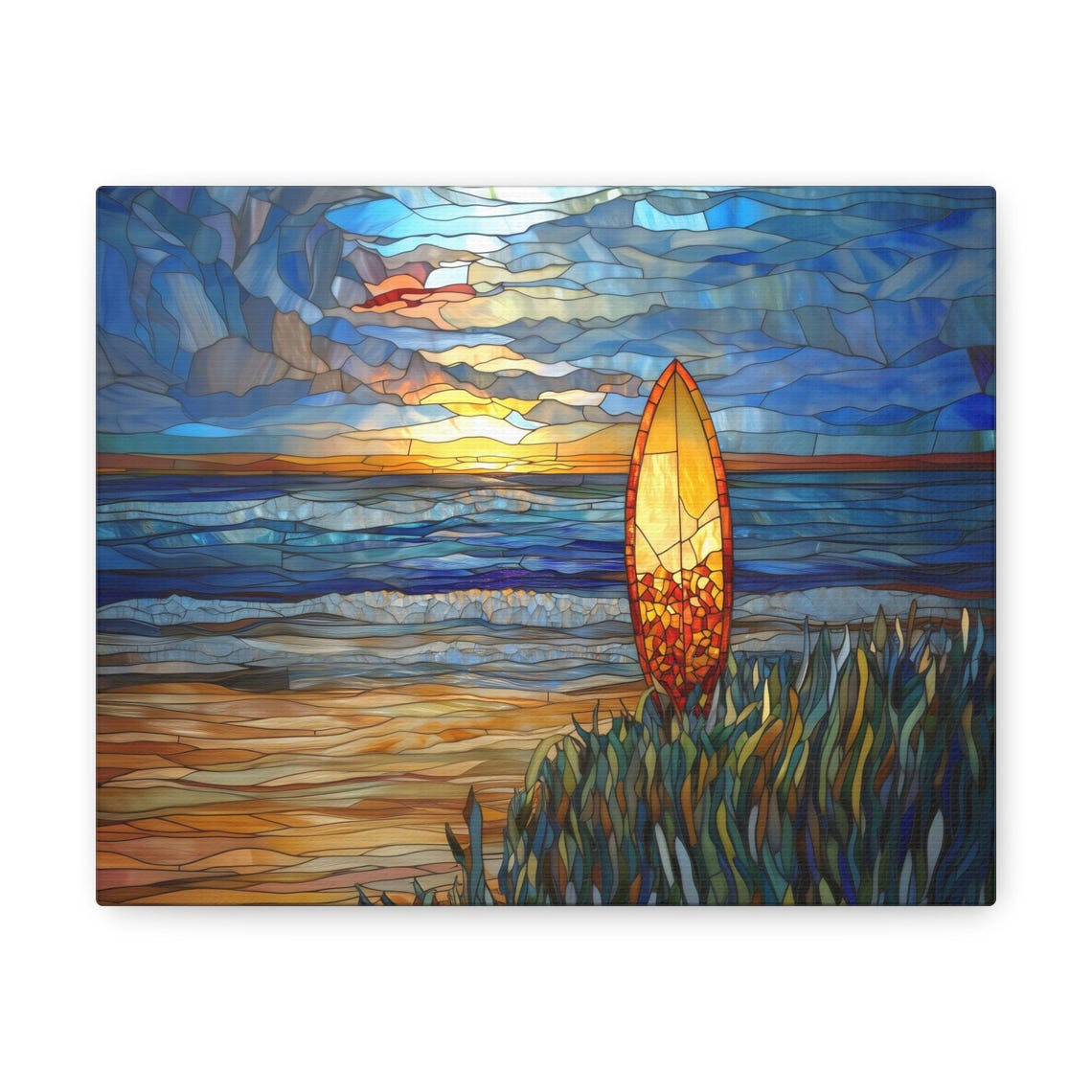 Stained Glass Surfboard Beach Sunset Ocean Waves Dune Grass Wall Art - Image 3