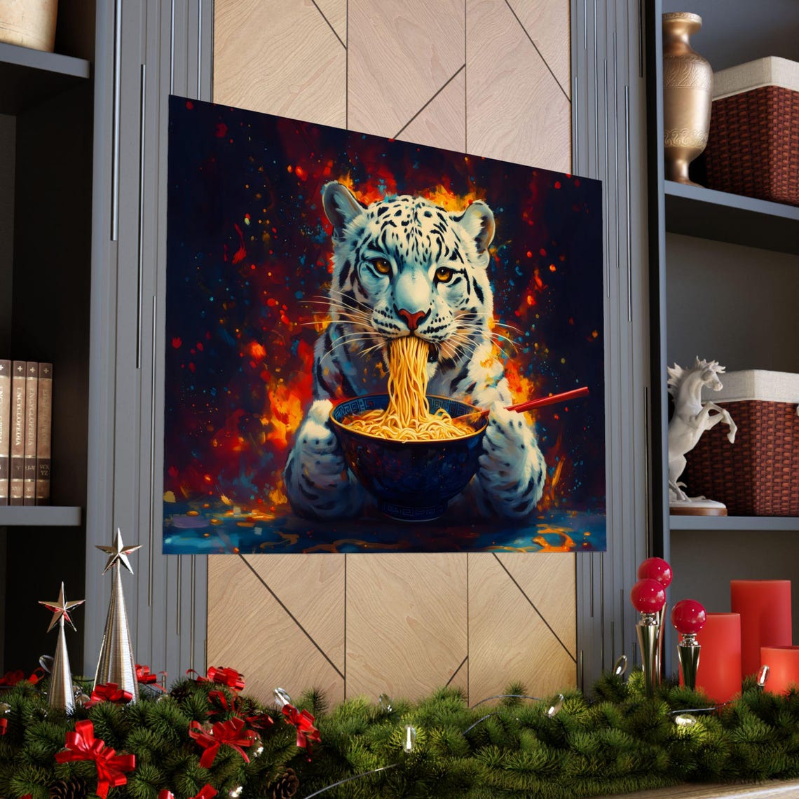 Snow Leopard Eating Ramen Blazing Red Maximalist Bold Wall Print - Image 3