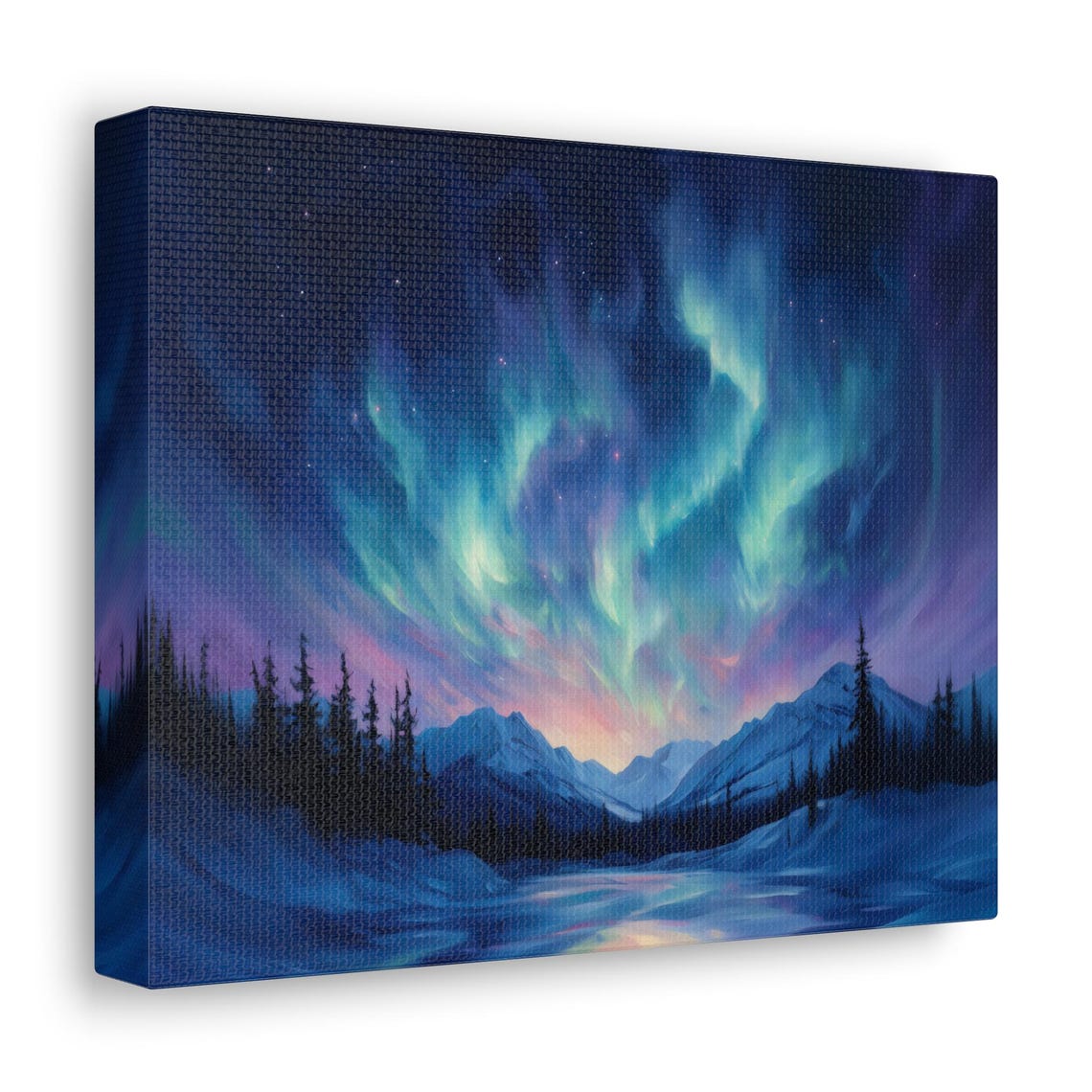 Aurora Borealis Dancing Over Snowy Pines and Mountain Lake Print - Image 2