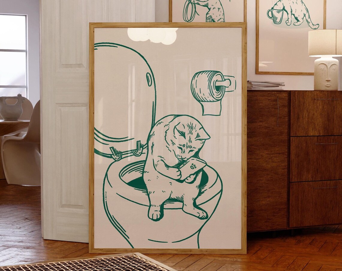 Toilet Cat Green Retro Bathroom Art Print