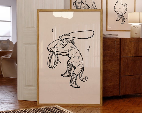 Western Cat Print, Retro Vintage Cat Art Print