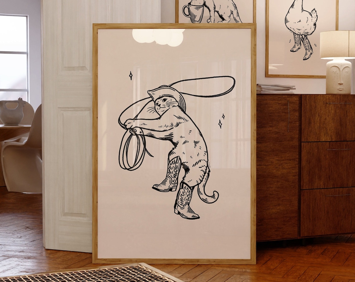 Western Cat Print, Retro Vintage Cat Art Print