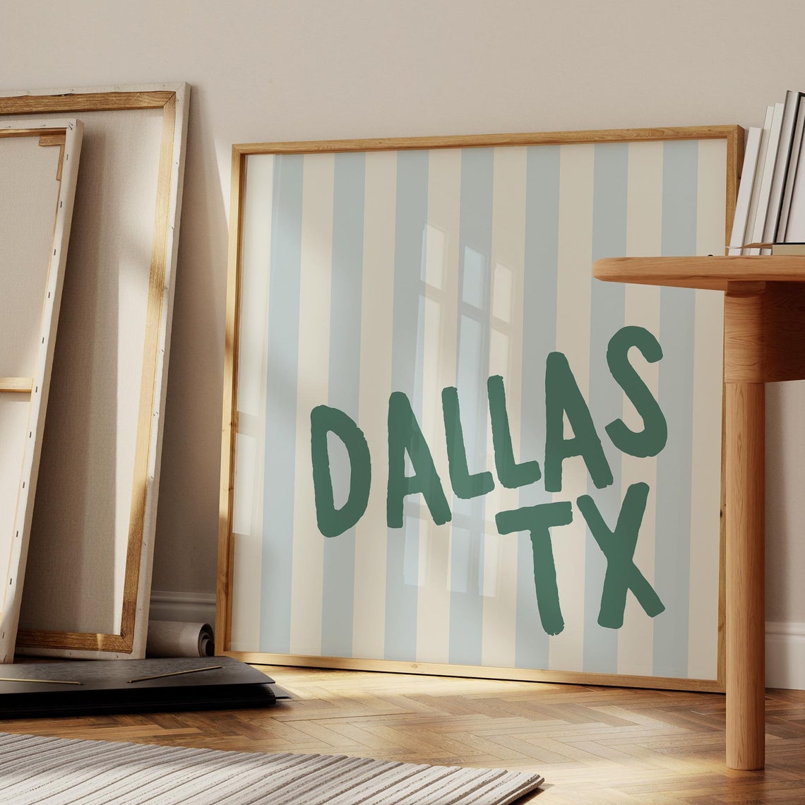Dallas TX Dark Green Letters Blue Striped City Name Square Wall Art