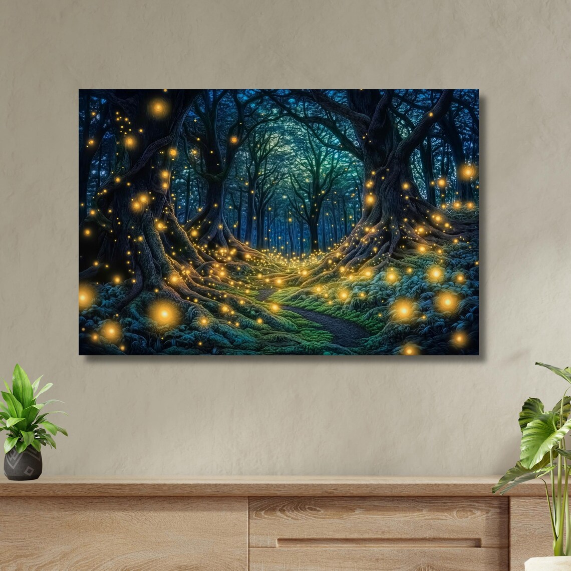 Fireflies Forest Wall Art Magic Forest Painting Print Psychedelic Art Gift Electric Forest Forest Trail Decor Illumination Art - Image 2