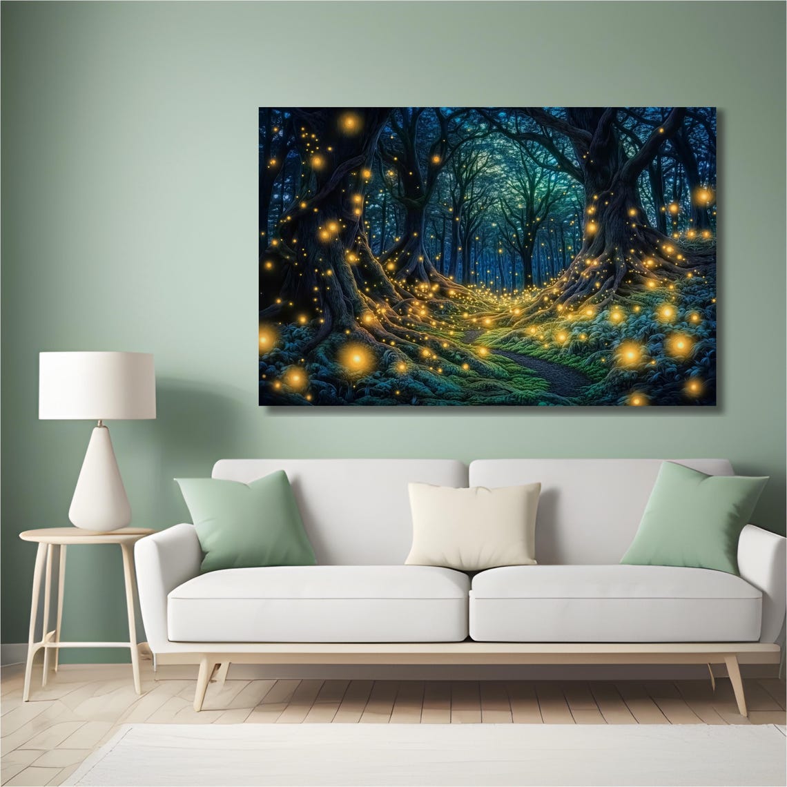 Enchanted Firefly Forest Path at Night Magical Woodland Wall Art