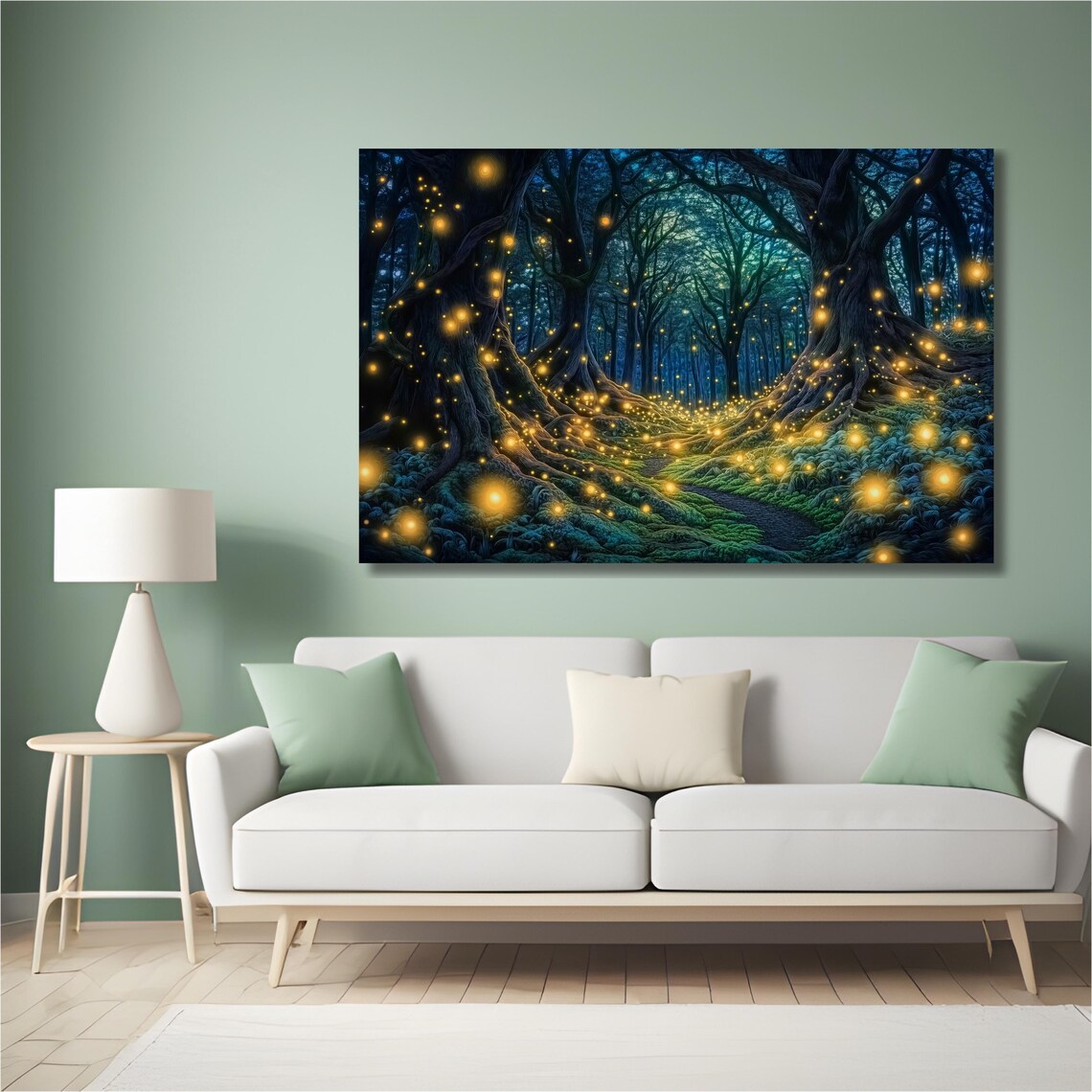 Fireflies Forest Wall Art Magic Forest Painting Print Psychedelic Art Gift Electric Forest Forest Trail Decor Illumination Art